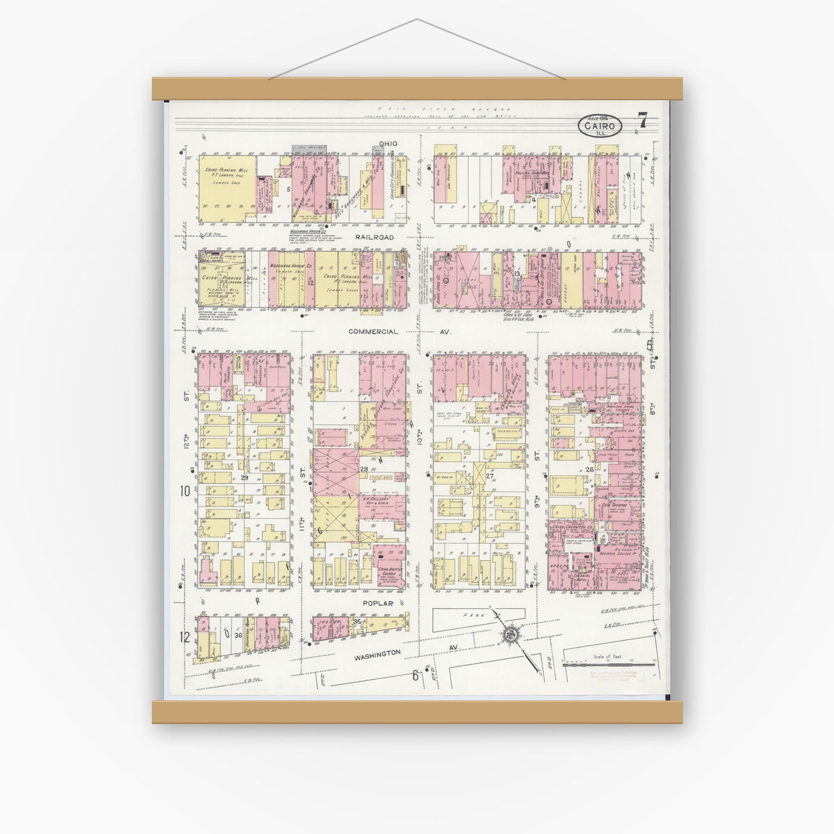 Old map wall art mockup — magnetic wood frame on white wall — Sanborn Fire Insurance Map from Cairo, Alexander County, Illinois (1914), Sheet #0007