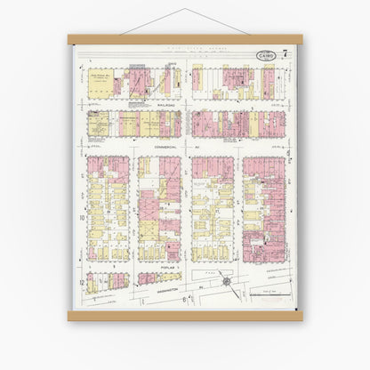 Old map wall art mockup — magnetic wood frame on white wall — Sanborn Fire Insurance Map from Cairo, Alexander County, Illinois (1914), Sheet #0007