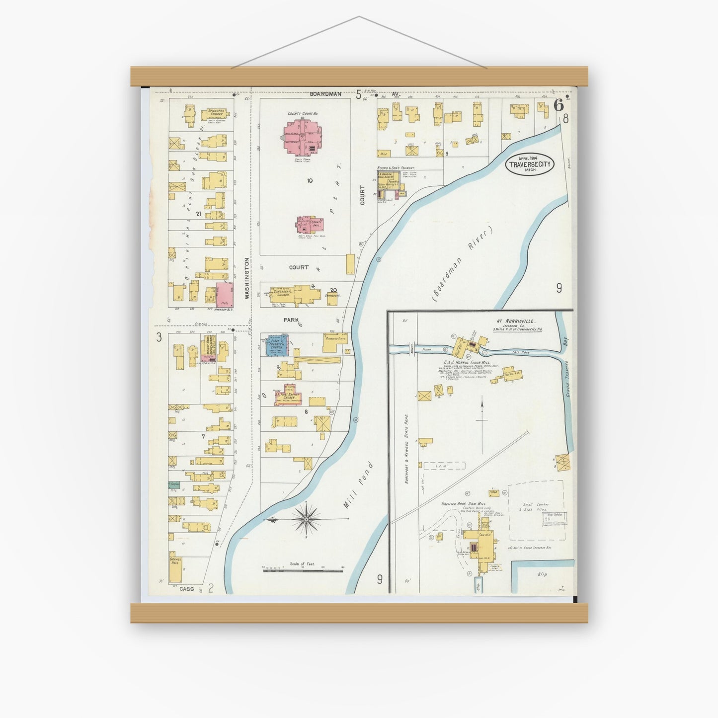 Old map wall art mockup — magnetic wood frame on white wall — Sanborn Fire Insurance Map from Traverse City, Grand Traverse County, Michigan (1904), Sheet #0006