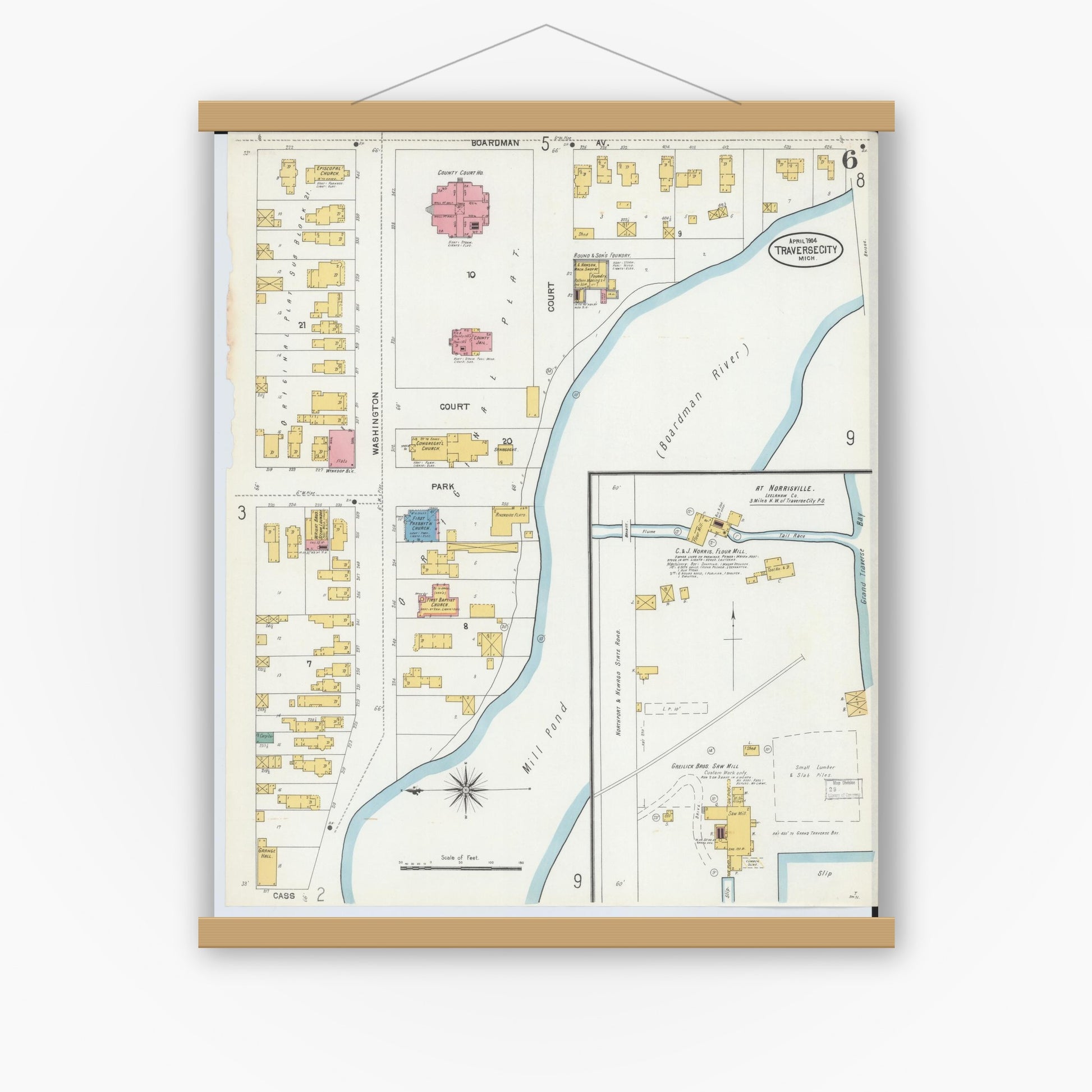 Old map wall art mockup — magnetic wood frame on white wall — Sanborn Fire Insurance Map from Traverse City, Grand Traverse County, Michigan (1904), Sheet #0006
