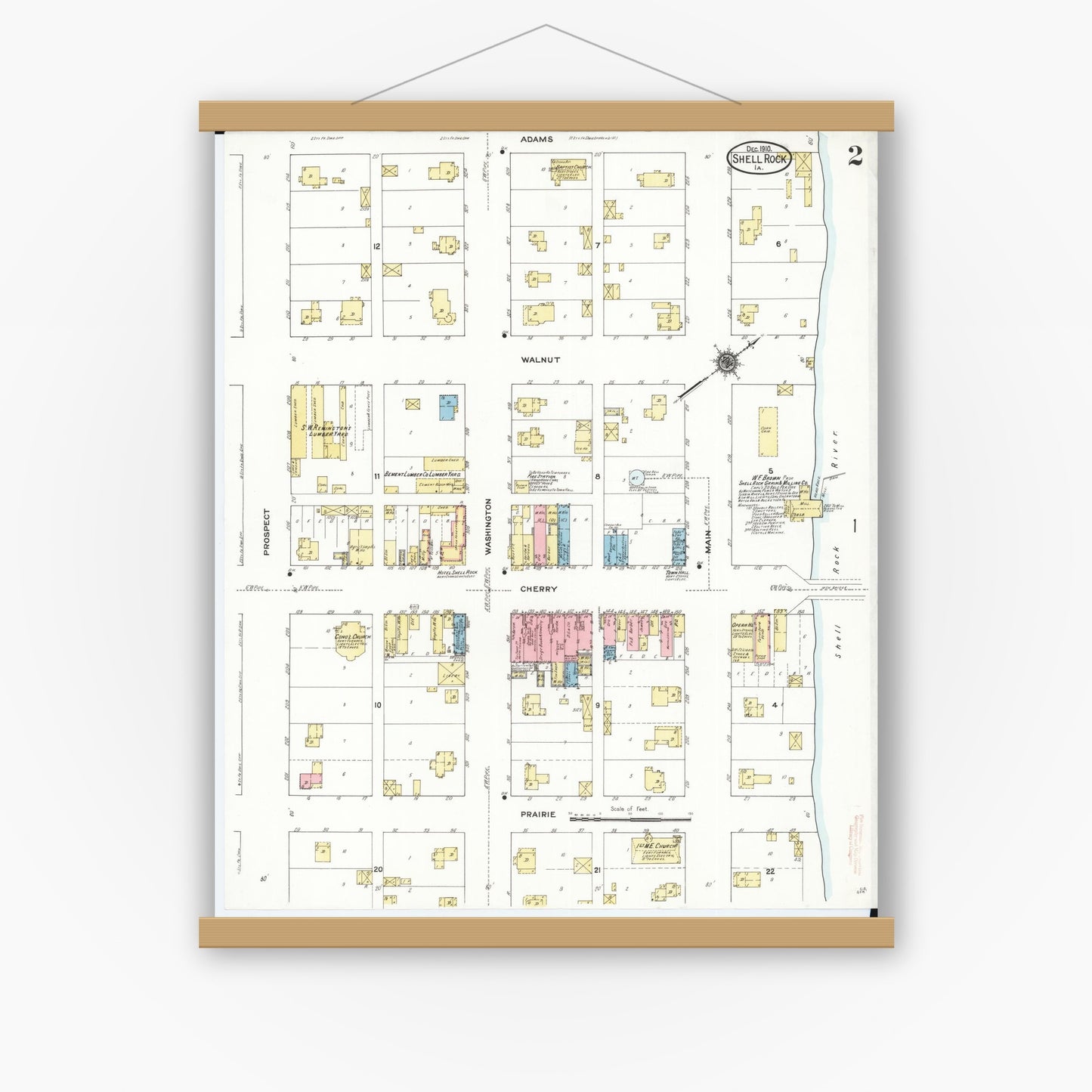 Old map wall art mockup — magnetic wood frame on white wall — Sanborn Fire Insurance Map from Shell Rock, Butler County, Iowa (1910), Sheet #0002