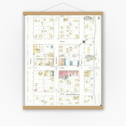 Old map wall art mockup — magnetic wood frame on white wall — Sanborn Fire Insurance Map from Shell Rock, Butler County, Iowa (1910), Sheet #0002
