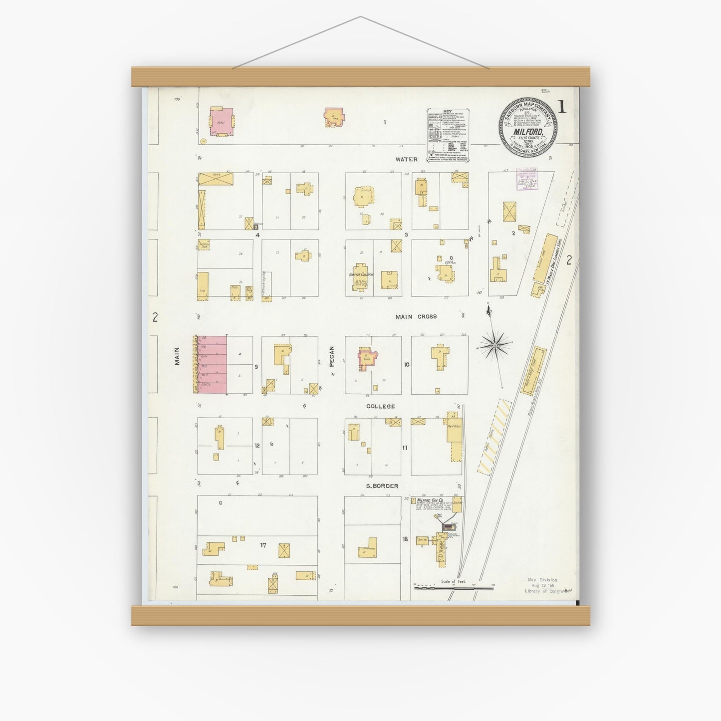 Old map wall art mockup — magnetic wood frame on white wall — Sanborn Fire Insurance Map from Milford, Ellis County, Texas (1905) - Complete Map Set