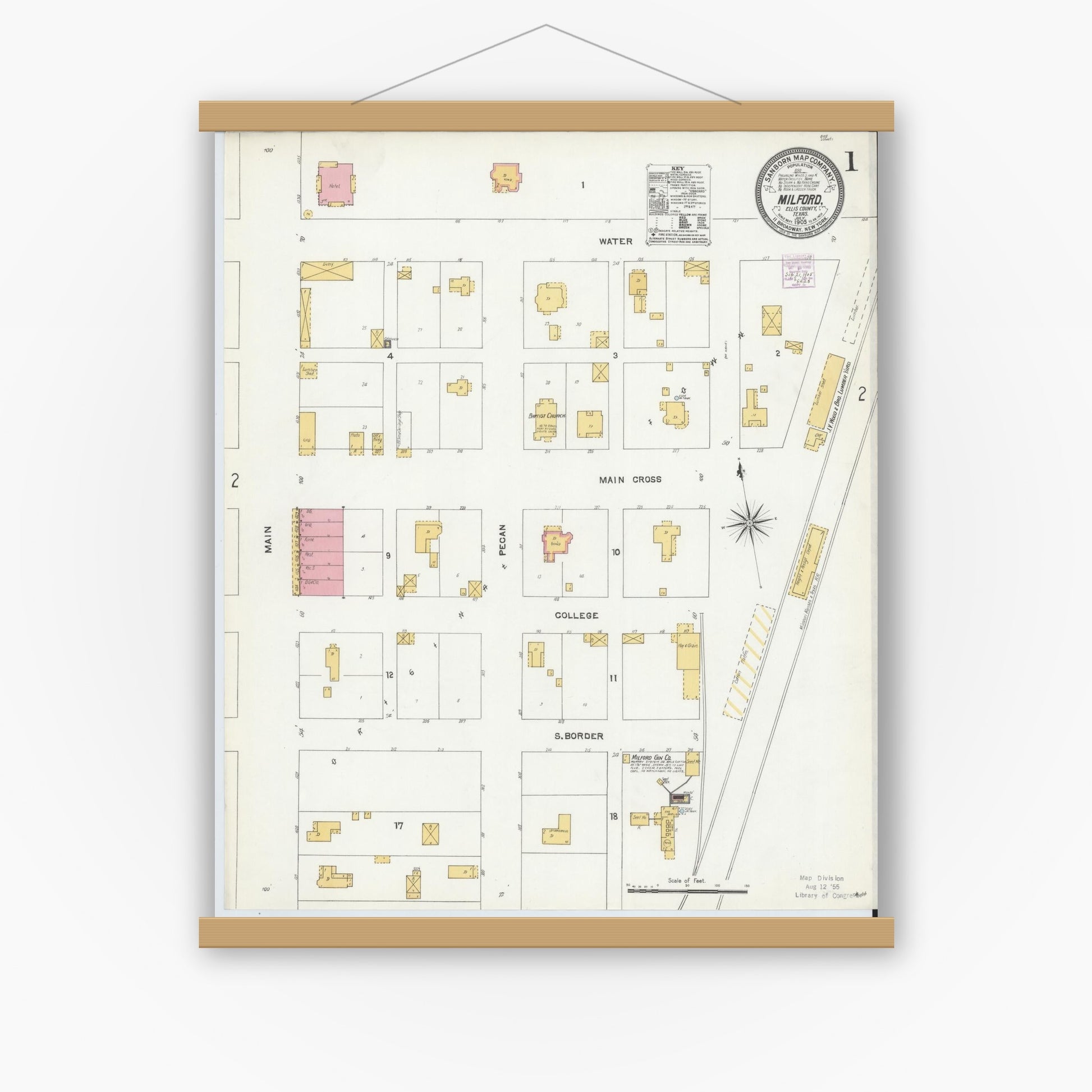 Old map wall art mockup — magnetic wood frame on white wall — Sanborn Fire Insurance Map from Milford, Ellis County, Texas (1905) - Complete Map Set