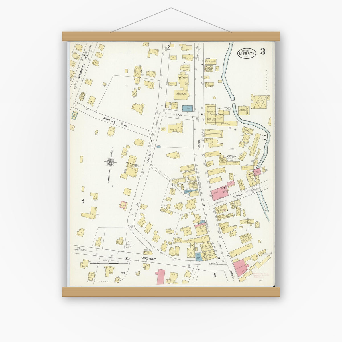 Old map wall art mockup — magnetic wood frame on white wall — Sanborn Fire Insurance Map from Liberty, Sullivan County, New York (1911), Sheet #0003