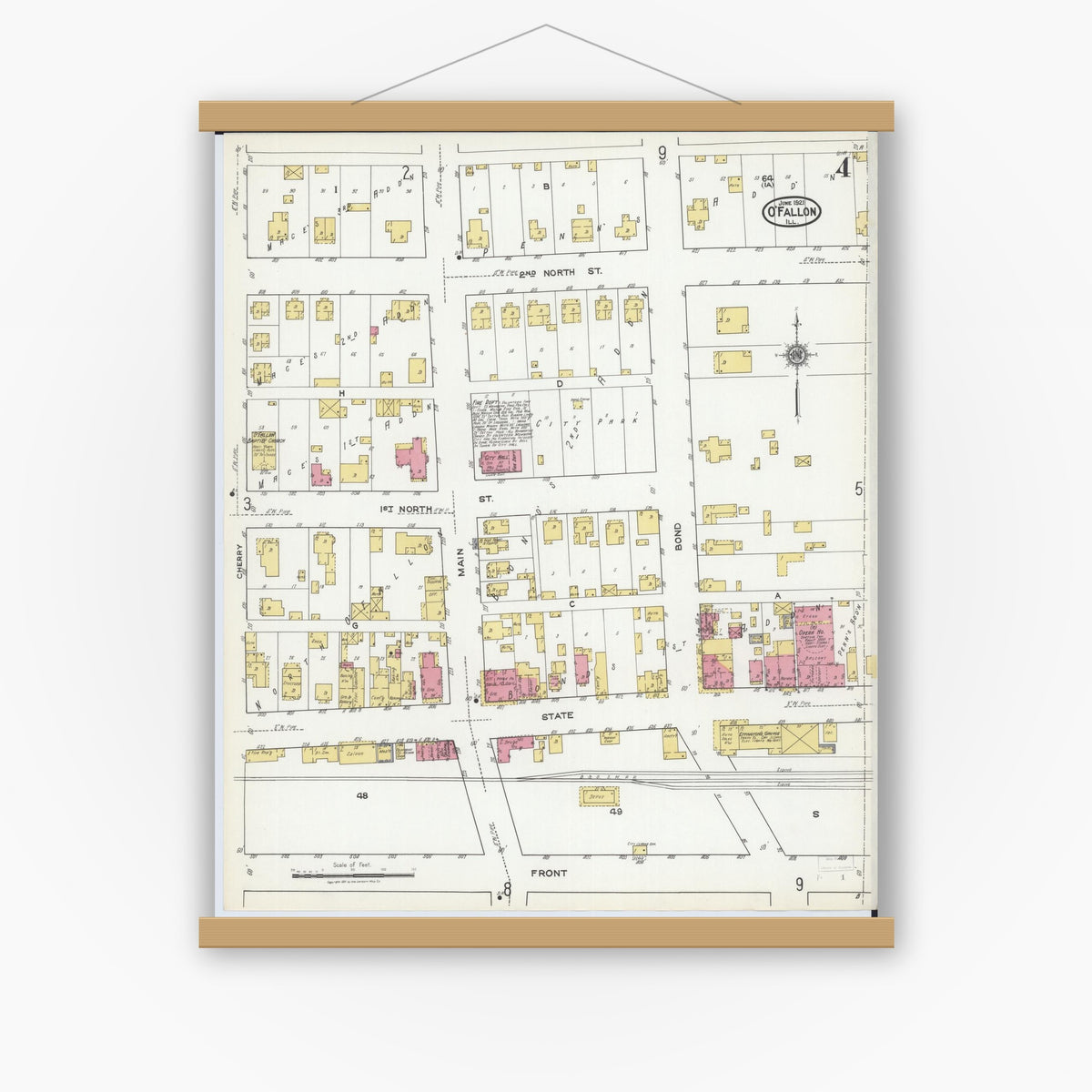 Old map wall art mockup — magnetic wood frame on white wall — Sanborn Fire Insurance Map from O'Fallon, Saint Clair County, Illinois (1921), Sheet #0004