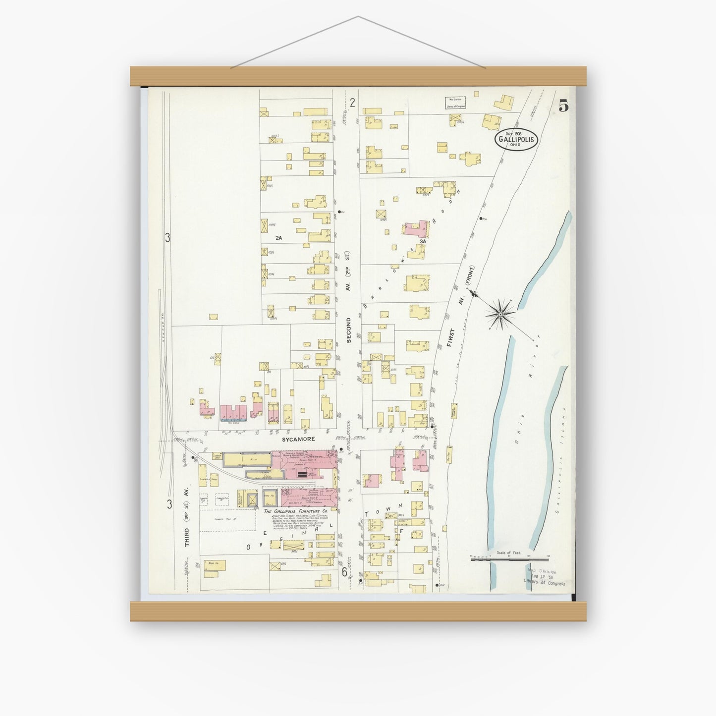 Old map wall art mockup — magnetic wood frame on white wall — Sanborn Fire Insurance Map from Gallipolis, Gallia County, Ohio (1908), Sheet #0005