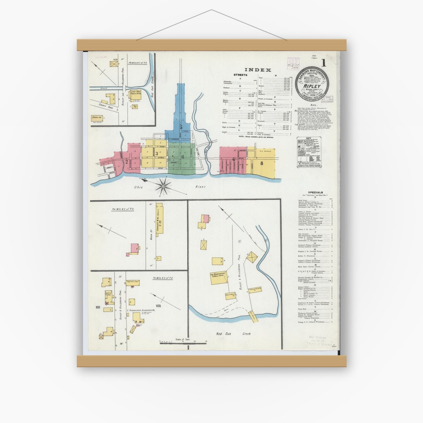 Old map wall art mockup — magnetic wood frame on white wall — Sanborn Fire Insurance Map from Ripley, Brown County, Ohio (1904) - Complete Map Set