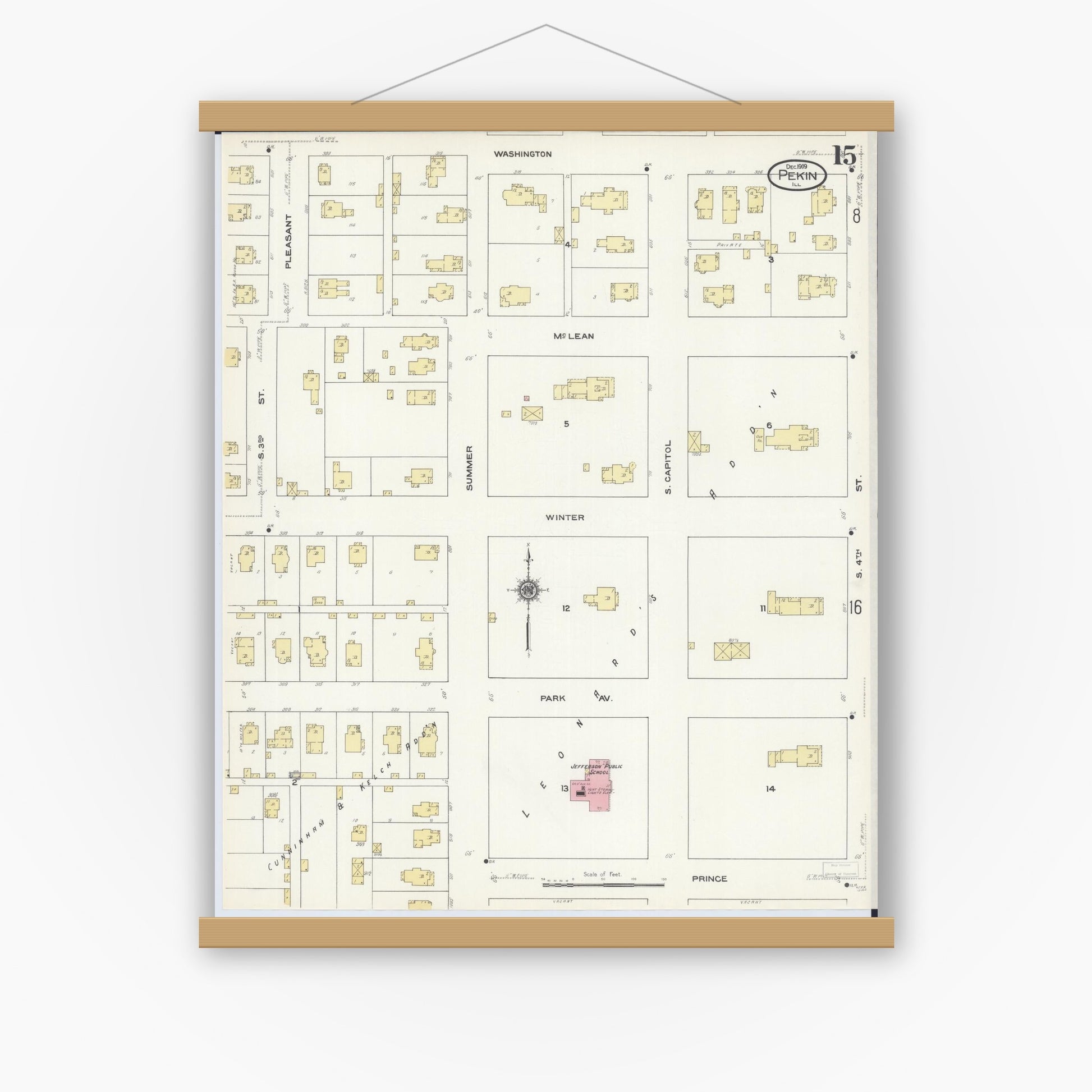 Old map wall art mockup — magnetic wood frame on white wall — Sanborn Fire Insurance Map from Pekin, Tazewell County, Illinois (1909), Sheet #0015