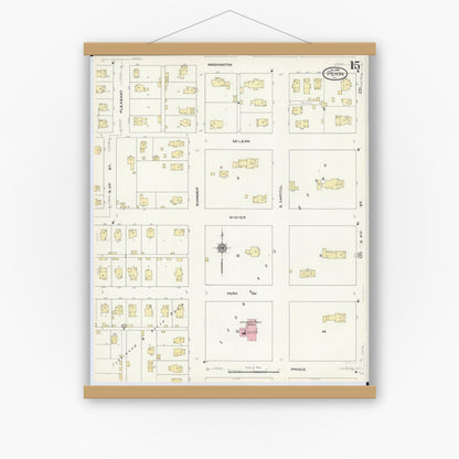 Old map wall art mockup — magnetic wood frame on white wall — Sanborn Fire Insurance Map from Pekin, Tazewell County, Illinois (1909), Sheet #0015