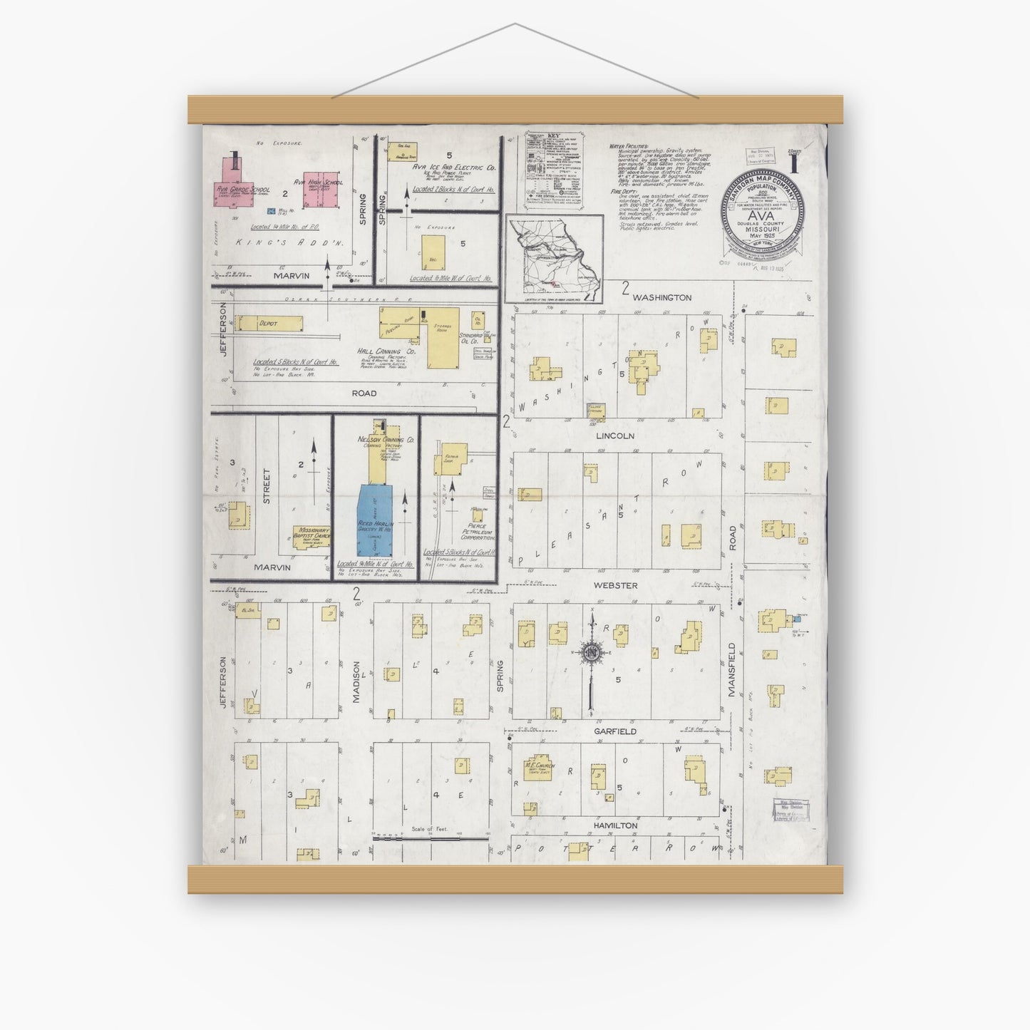 Old map wall art mockup — magnetic wood frame on white wall — Sanborn Fire Insurance Map from Ava, Douglas County, Missouri (1925) - Complete Map Set