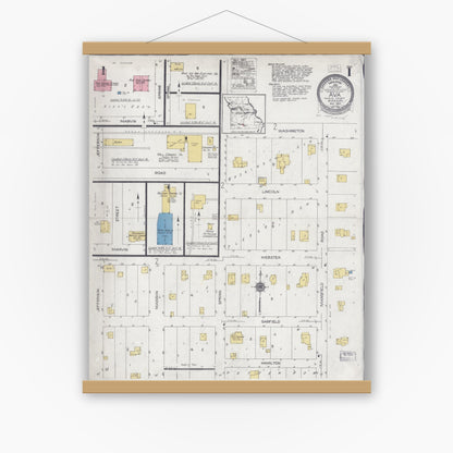 Old map wall art mockup — magnetic wood frame on white wall — Sanborn Fire Insurance Map from Ava, Douglas County, Missouri (1925) - Complete Map Set