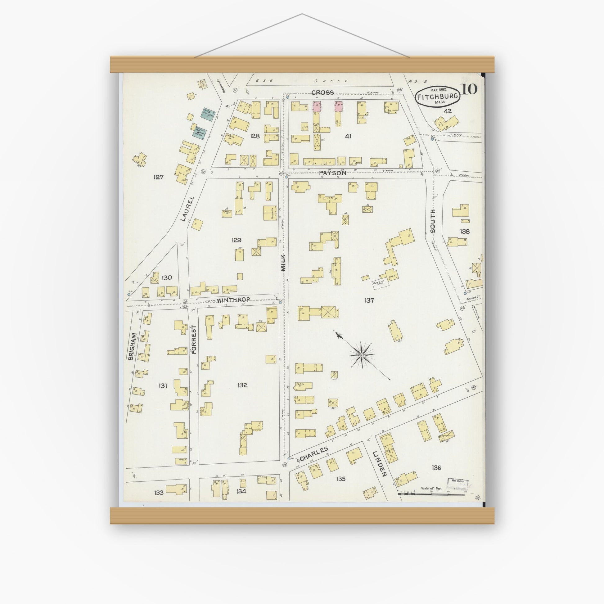 Old map wall art mockup — magnetic wood frame on white wall — Sanborn Fire Insurance Map from Fitchburg, Worcester County, Massachusetts (1892), Sheet #0010