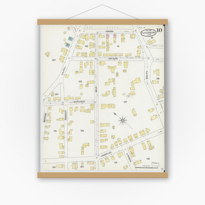 Old map wall art mockup — magnetic wood frame on white wall — Sanborn Fire Insurance Map from Fitchburg, Worcester County, Massachusetts (1892), Sheet #0010