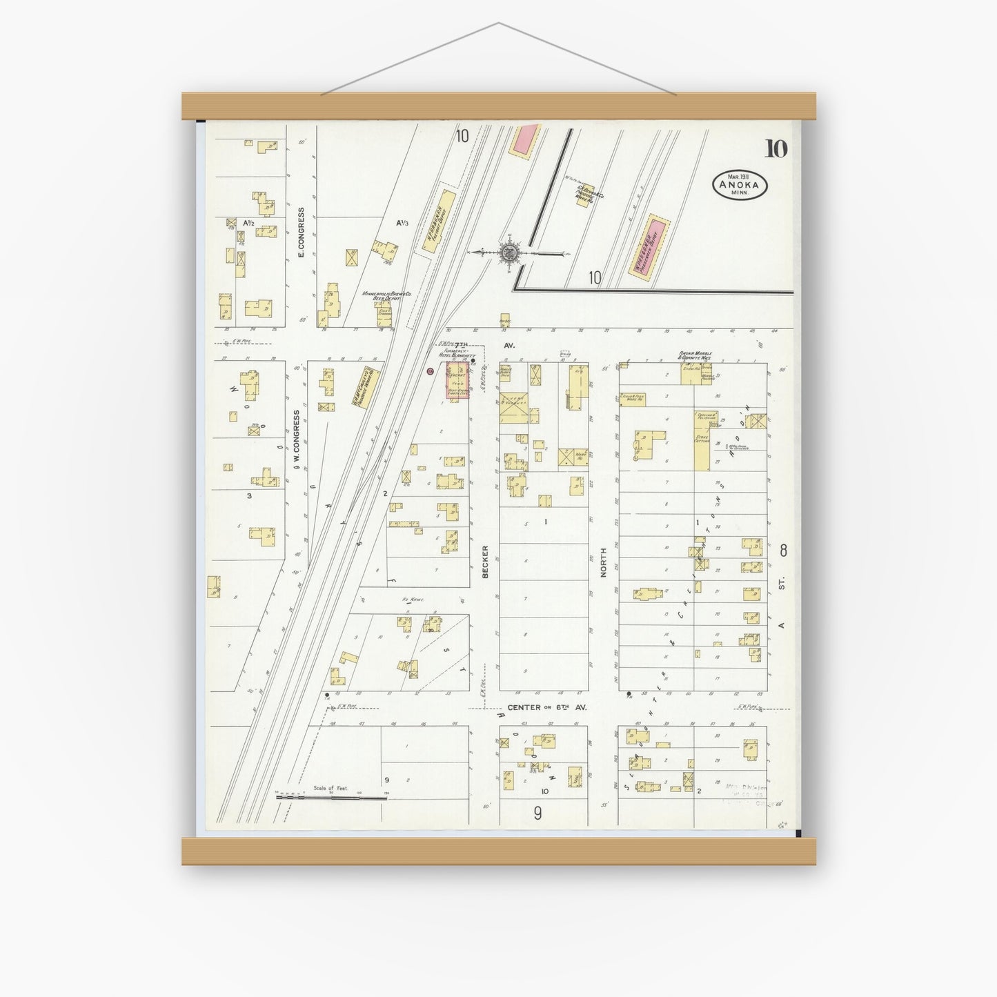 Old map wall art mockup — magnetic wood frame on white wall — Sanborn Fire Insurance Map from Anoka, Anoka County, Minnesota (1911), Sheet #0010
