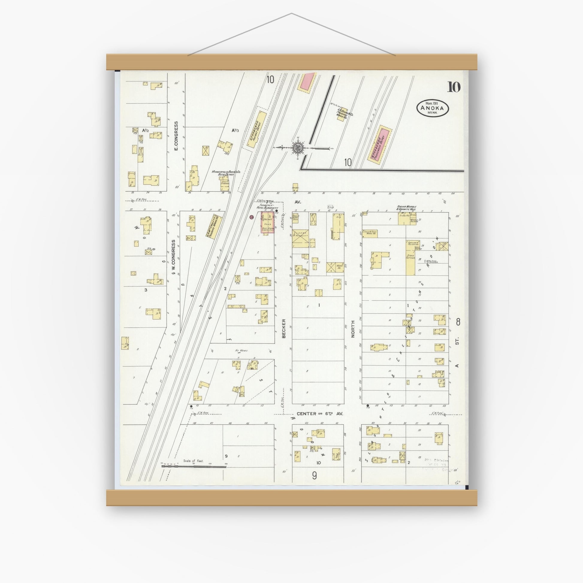 Old map wall art mockup — magnetic wood frame on white wall — Sanborn Fire Insurance Map from Anoka, Anoka County, Minnesota (1911), Sheet #0010