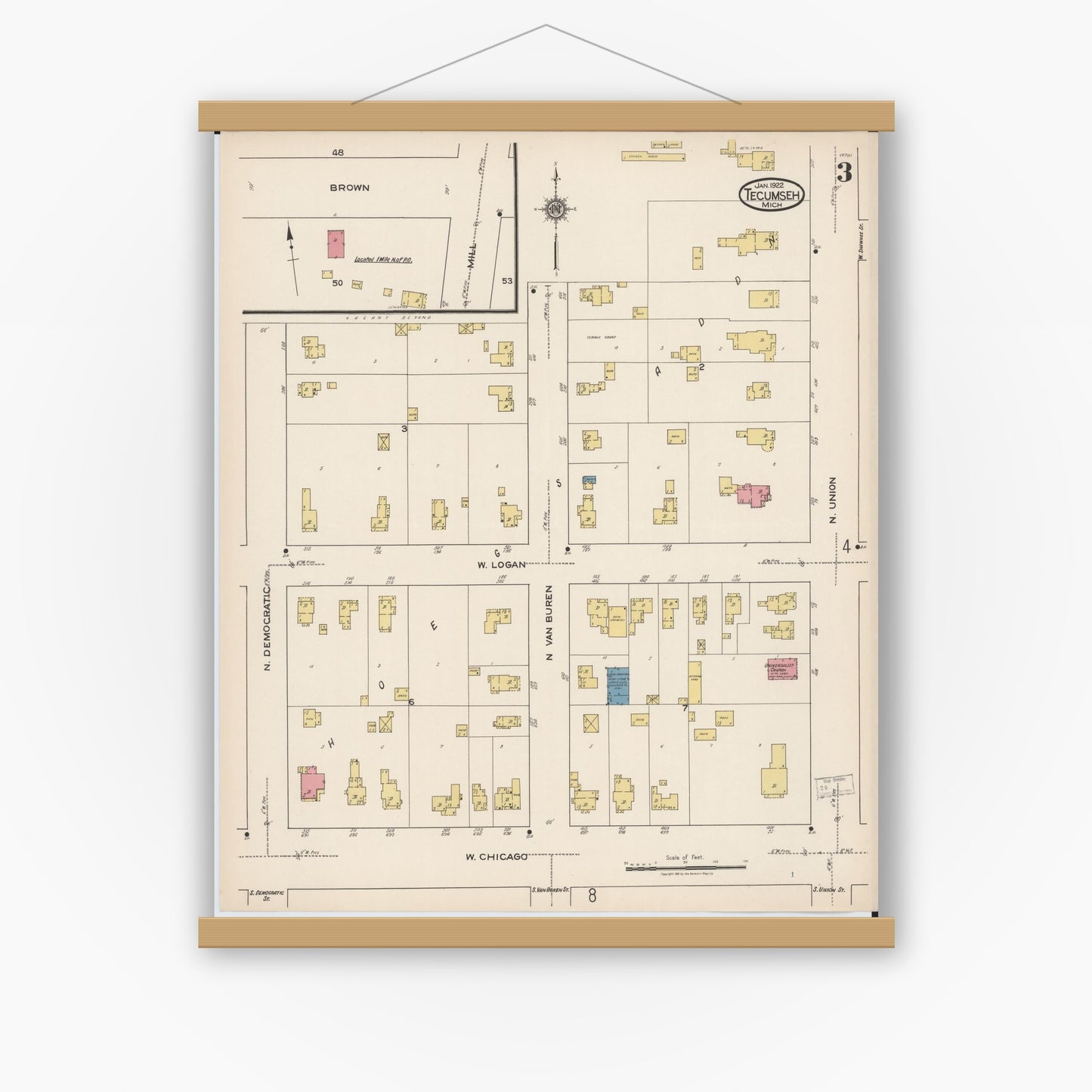 Old map wall art mockup — magnetic wood frame on white wall — Sanborn Fire Insurance Map from Tecumseh, Lenawee County, Michigan (1922), Sheet #0003