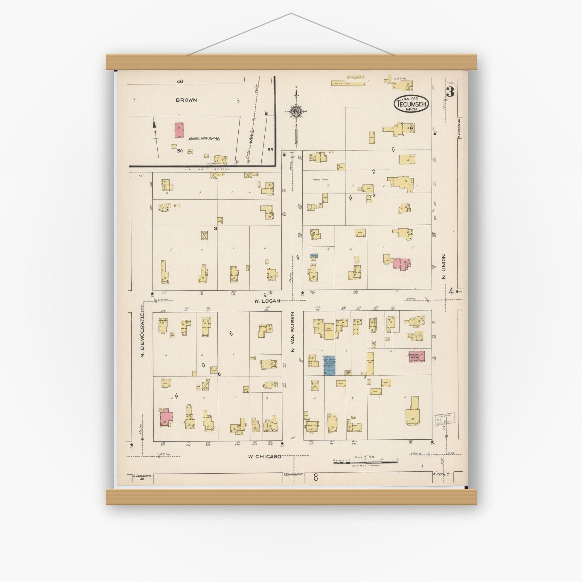 Old map wall art mockup — magnetic wood frame on white wall — Sanborn Fire Insurance Map from Tecumseh, Lenawee County, Michigan (1922), Sheet #0003