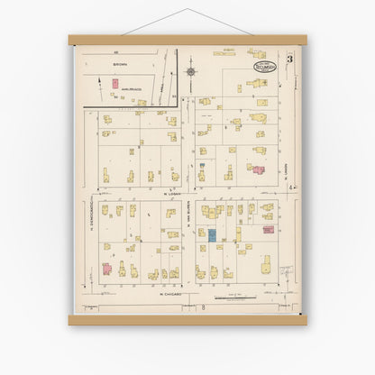 Old map wall art mockup — magnetic wood frame on white wall — Sanborn Fire Insurance Map from Tecumseh, Lenawee County, Michigan (1922), Sheet #0003