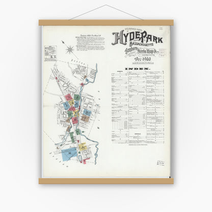 Old map wall art mockup — magnetic wood frame on white wall — Sanborn Fire Insurance Map from Hyde Park, Norfolk County, Massachusetts (1900) - Complete Map Set