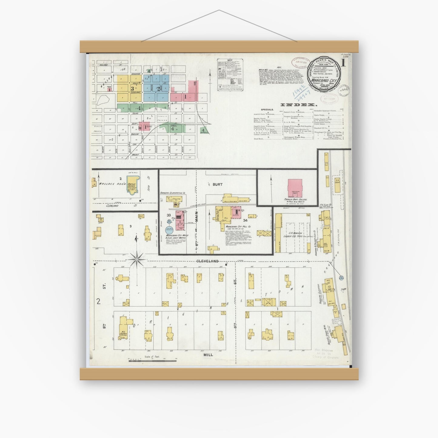 Old map wall art mockup — magnetic wood frame on white wall — Sanborn Fire Insurance Map from Winnebago, Faribault County, Minnesota (1899) - Complete Map Set