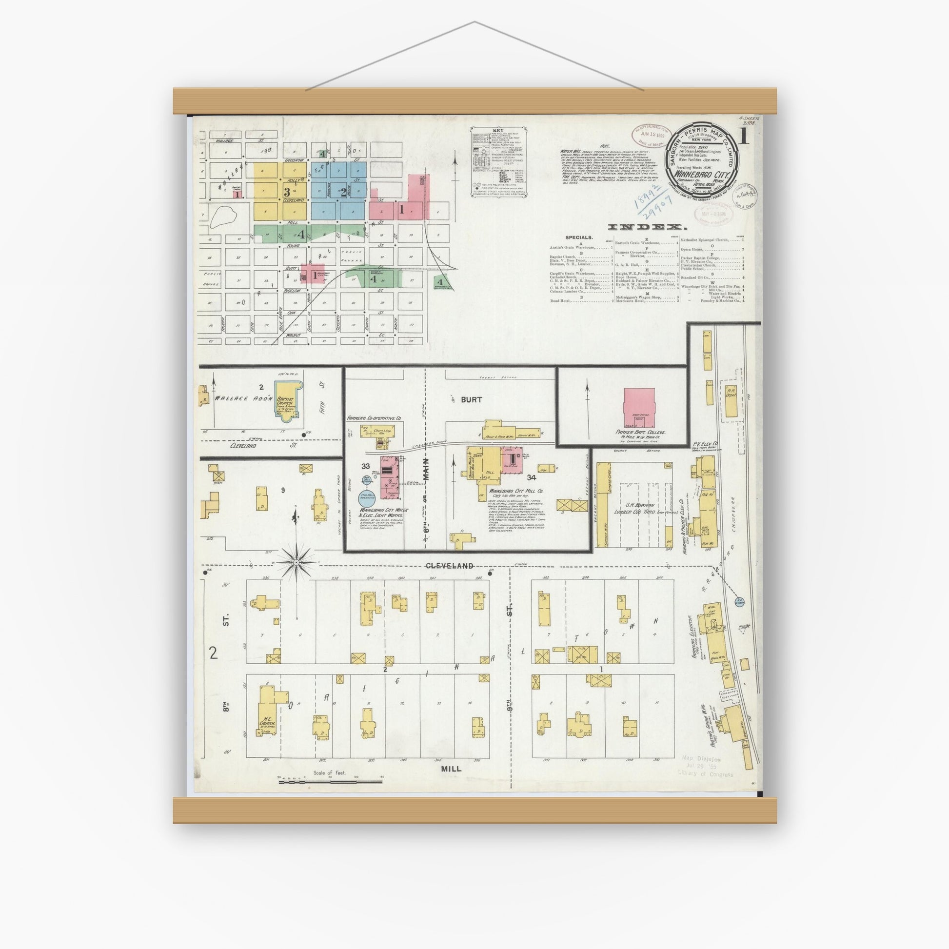 Old map wall art mockup — magnetic wood frame on white wall — Sanborn Fire Insurance Map from Winnebago, Faribault County, Minnesota (1899) - Complete Map Set