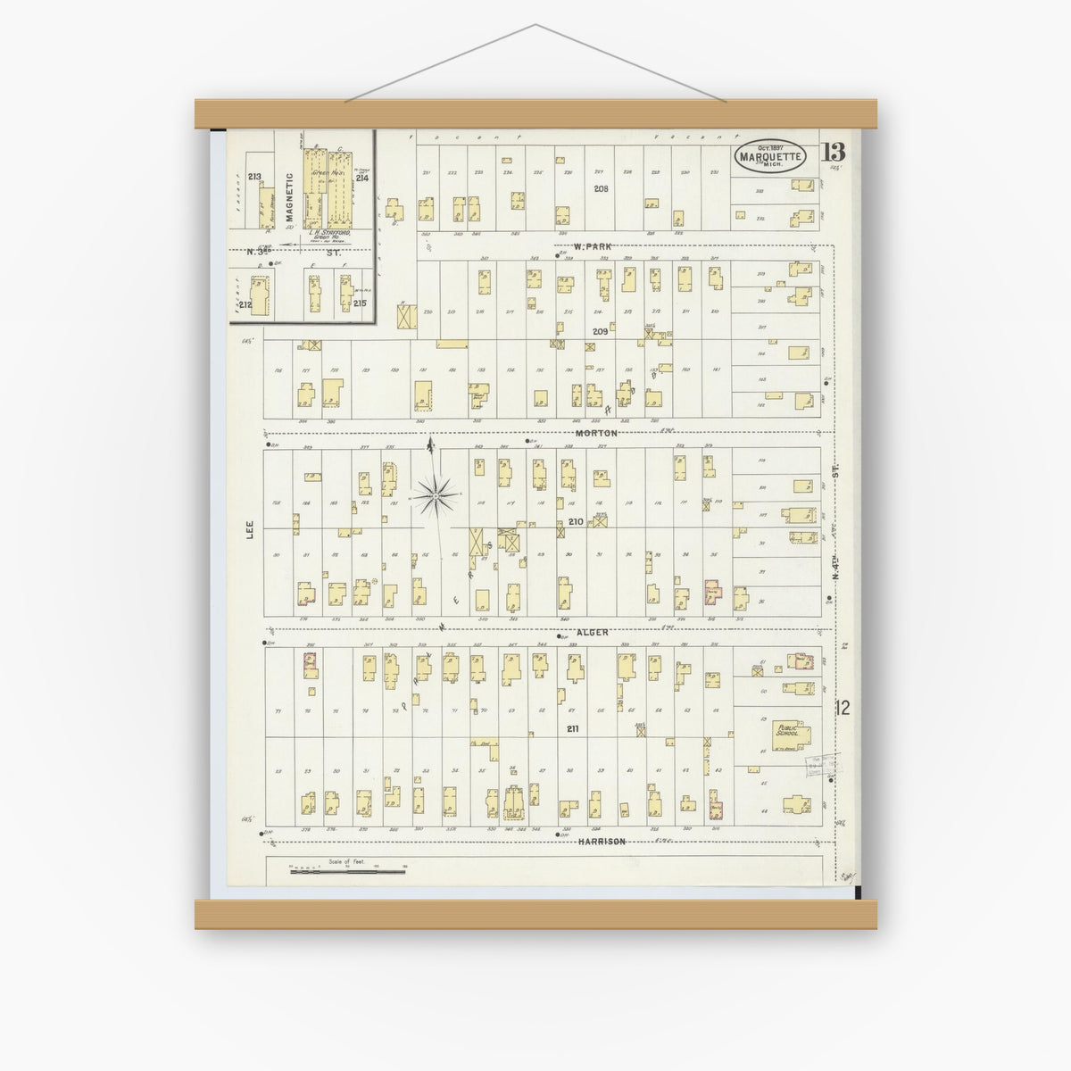 Old map wall art mockup — magnetic wood frame on white wall — Sanborn Fire Insurance Map from Marquette, Marquette County, Michigan (1897), Sheet #0013