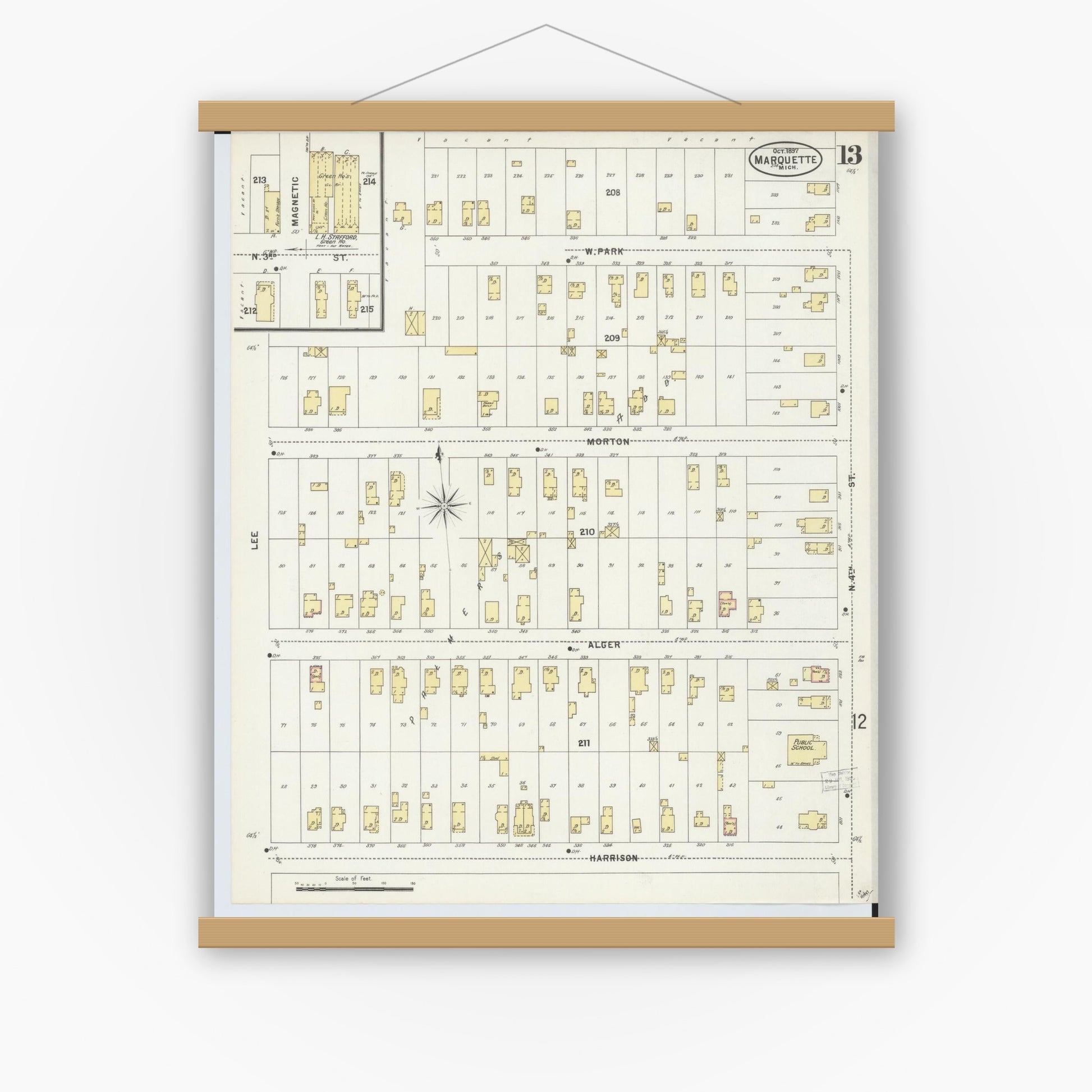 Old map wall art mockup — magnetic wood frame on white wall — Sanborn Fire Insurance Map from Marquette, Marquette County, Michigan (1897), Sheet #0013