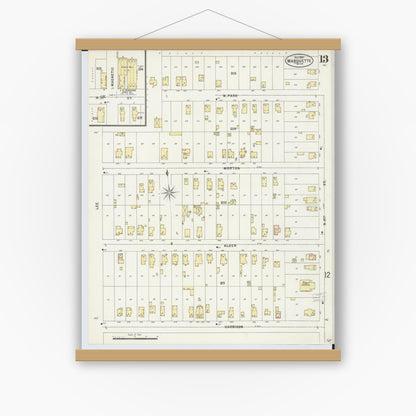 Old map wall art mockup — magnetic wood frame on white wall — Sanborn Fire Insurance Map from Marquette, Marquette County, Michigan (1897), Sheet #0013