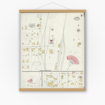 Old map wall art mockup — magnetic wood frame on white wall — Sanborn Fire Insurance Map from Milan, Sullivan County, Missouri (1898), Sheet #0002