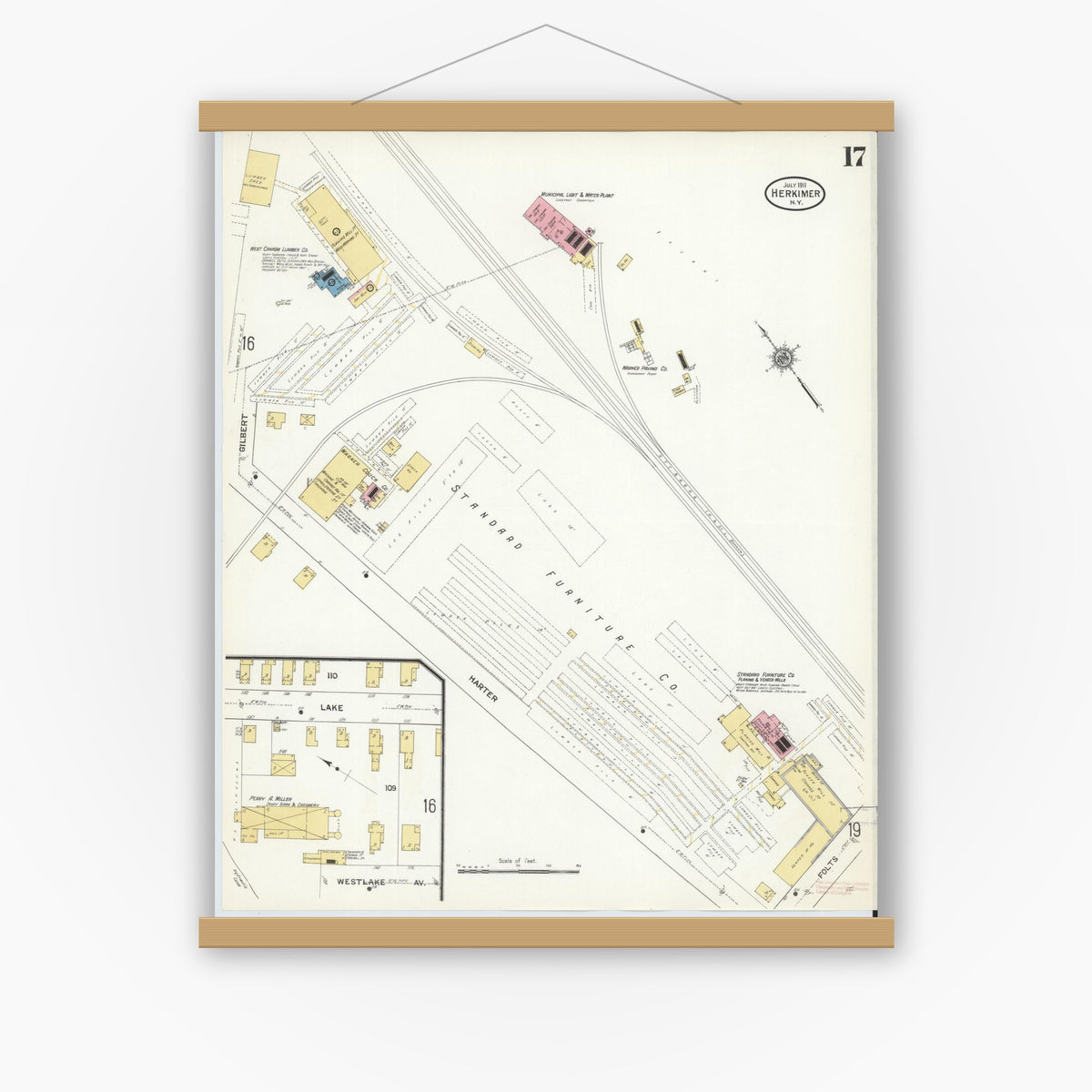 Old map wall art mockup — magnetic wood frame on white wall — Sanborn Fire Insurance Map from Herkimer, Herkimer County, New York (1911), Sheet #0017