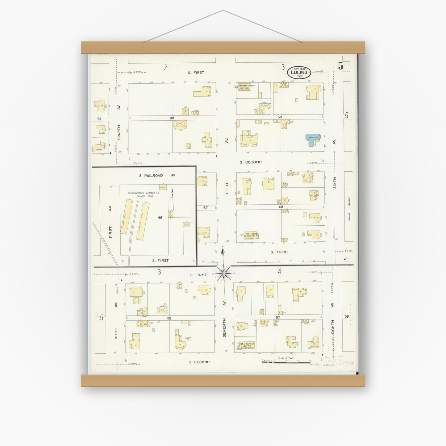 Old map wall art mockup — magnetic wood frame on white wall — Sanborn Fire Insurance Map from Luling, Caldwell County, Texas (1907), Sheet #0005