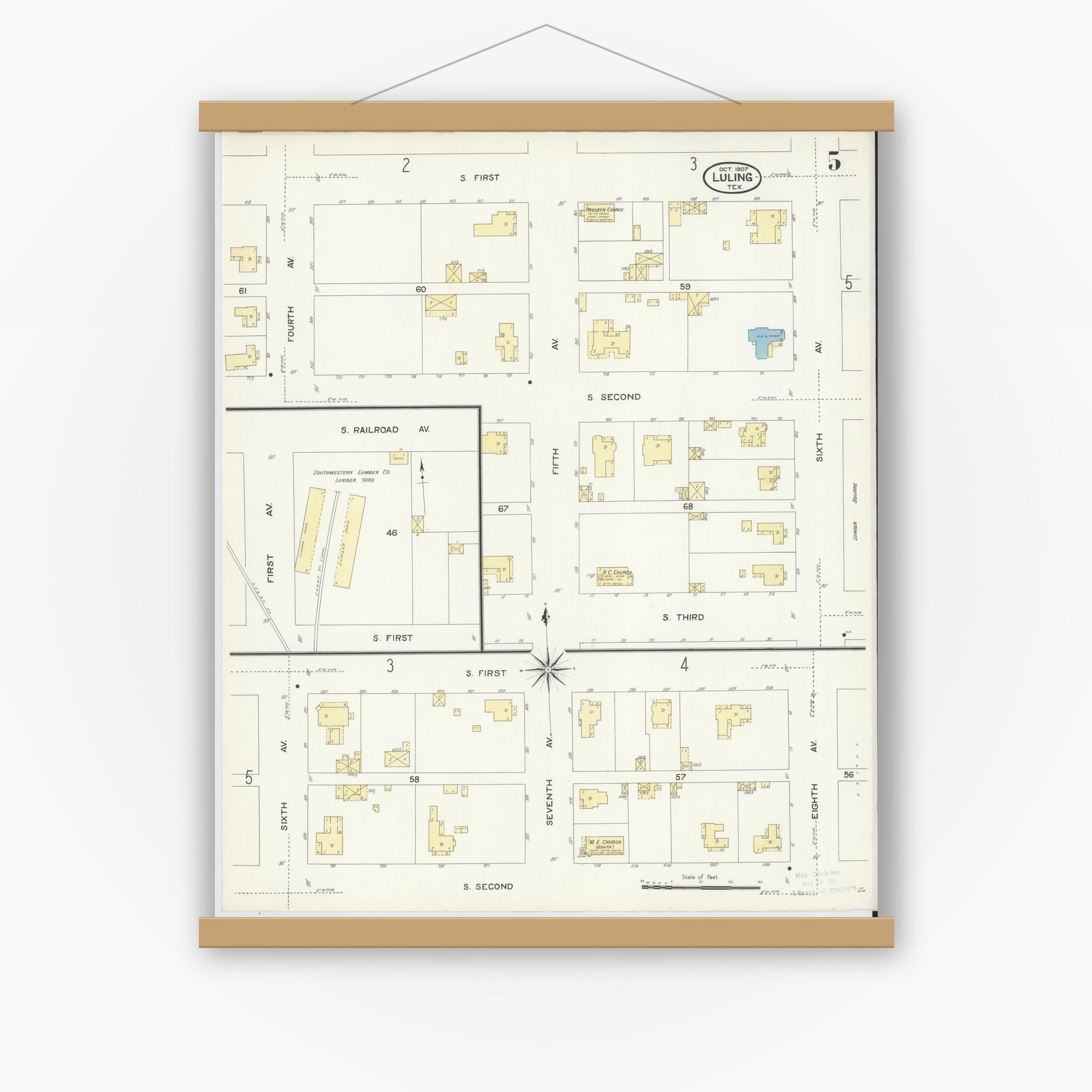 Old map wall art mockup — magnetic wood frame on white wall — Sanborn Fire Insurance Map from Luling, Caldwell County, Texas (1907), Sheet #0005