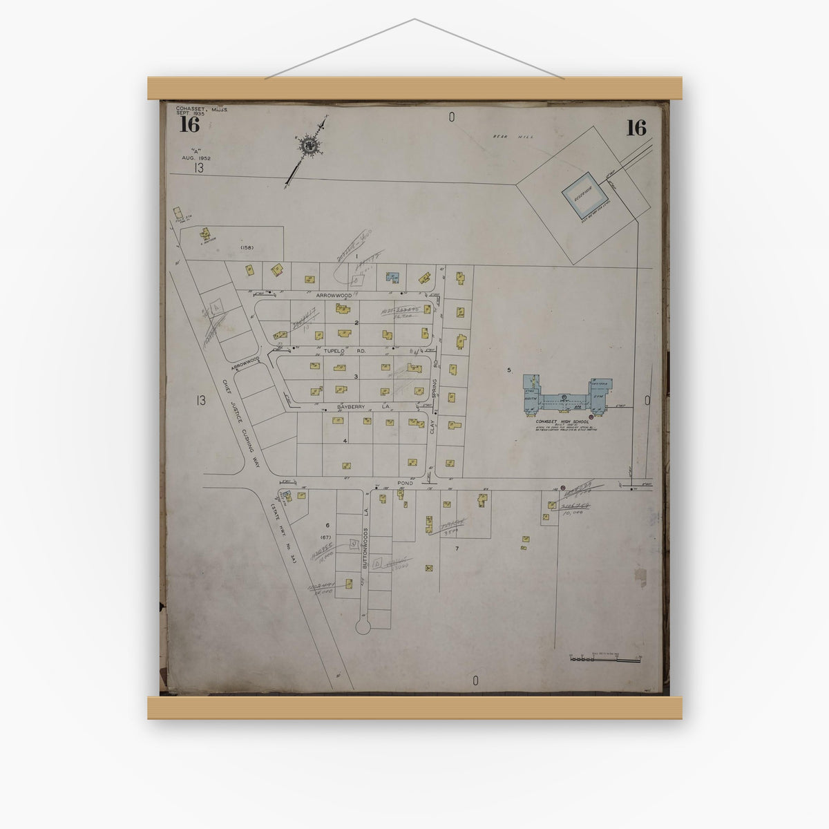 Old map wall art mockup — magnetic wood frame on white wall — Sanborn Fire Insurance Map from Cohasset, Norfolk County, Massachusetts (1952), Sheet #0016