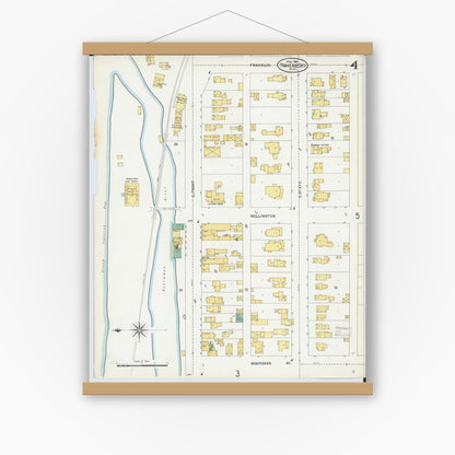 Old map wall art mockup — magnetic wood frame on white wall — Sanborn Fire Insurance Map from Traverse City, Grand Traverse County, Michigan (1904), Sheet #0004