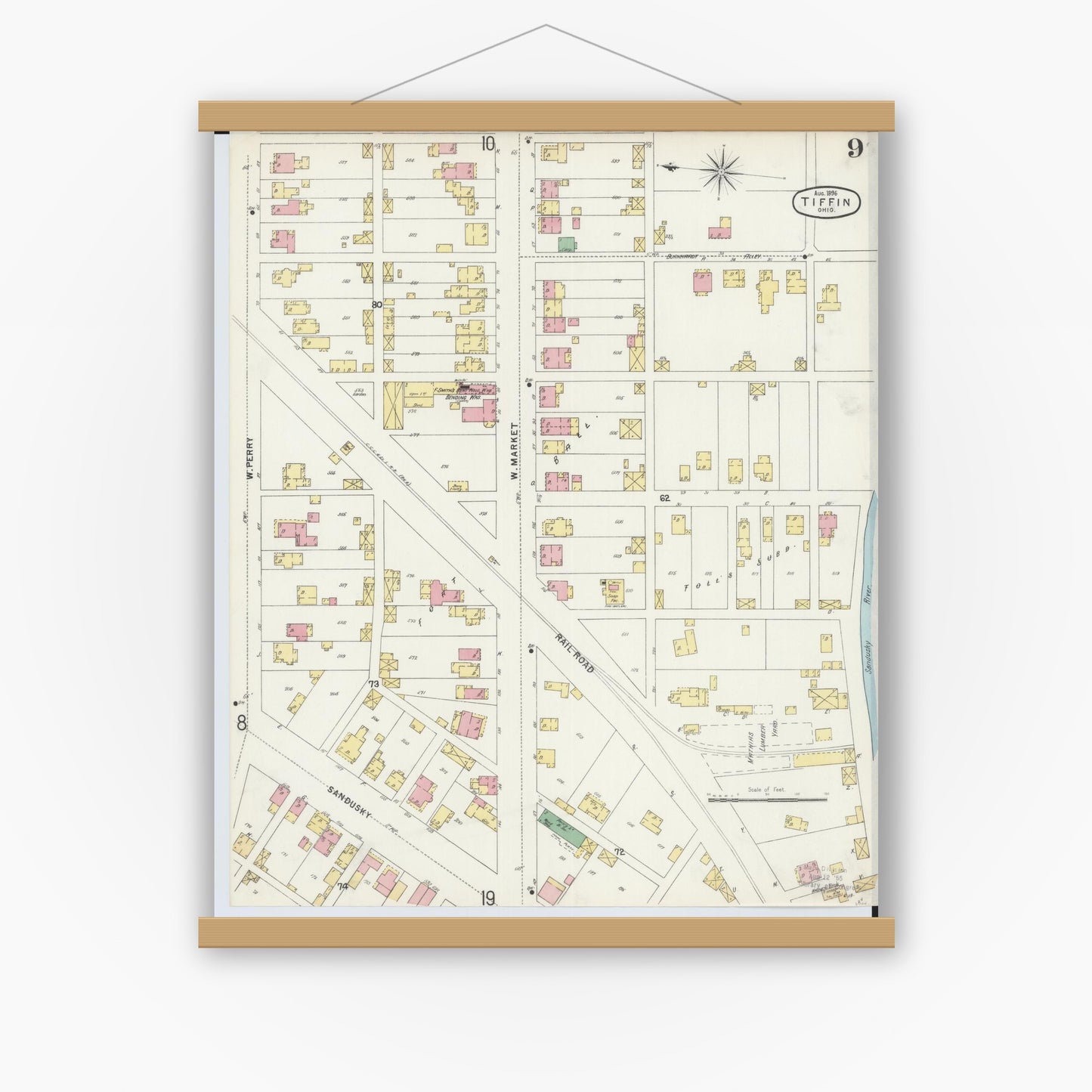 Old map wall art mockup — magnetic wood frame on white wall — Sanborn Fire Insurance Map from Tiffin, Seneca County, Ohio (1896), Sheet #0009