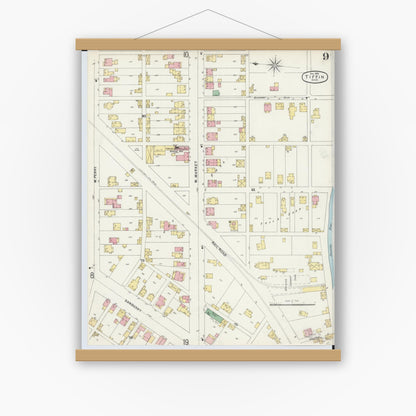 Old map wall art mockup — magnetic wood frame on white wall — Sanborn Fire Insurance Map from Tiffin, Seneca County, Ohio (1896), Sheet #0009