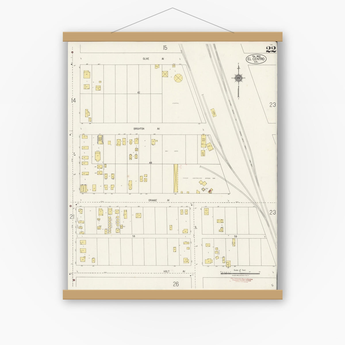 Old map wall art mockup — magnetic wood frame on white wall — Sanborn Fire Insurance Map from El Centro, Imperial County, California (1922), Sheet #0022