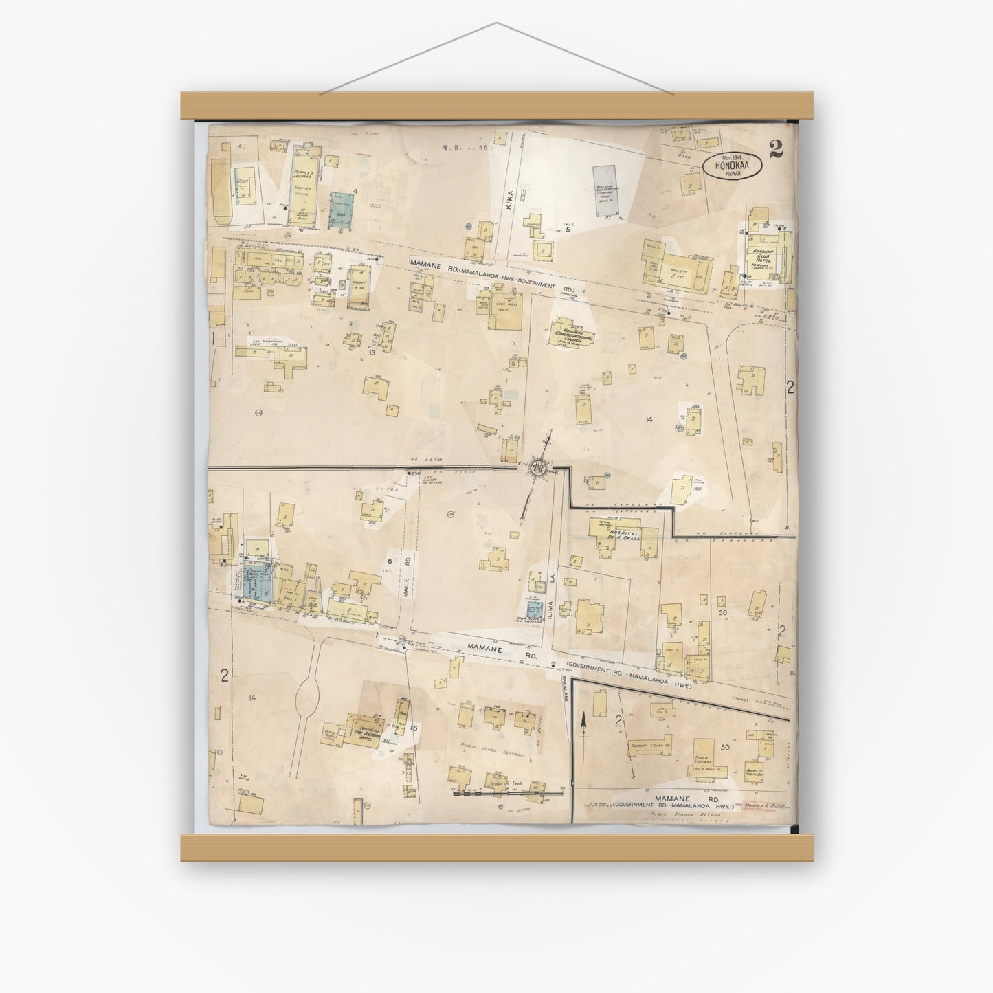 Old map wall art mockup — magnetic wood frame on white wall — Sanborn Fire Insurance Map from Honokaa, Hawaii County, Hawaii (1956), Sheet #0002