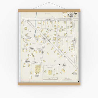 Old map wall art mockup — magnetic wood frame on white wall — Sanborn Fire Insurance Map from Natick, Middlesex County, Massachusetts (1894), Sheet #0009