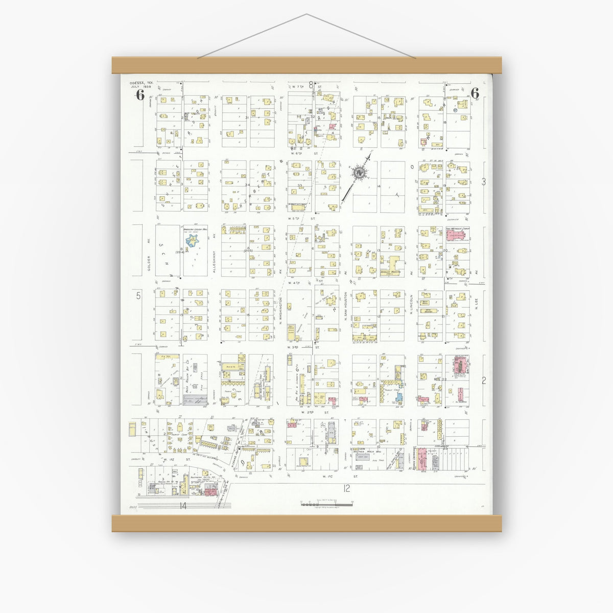 Old map wall art mockup — magnetic wood frame on white wall — Sanborn Fire Insurance Map from Odessa, Edger County, Texas (1939), Sheet #0006