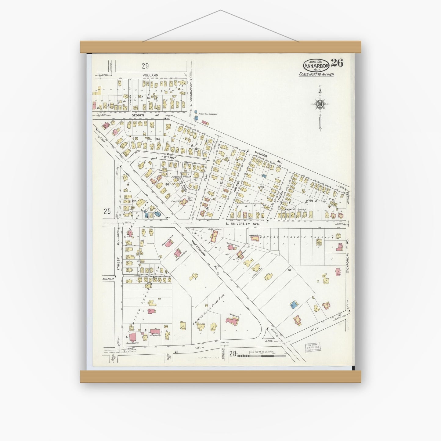 Old map wall art mockup — magnetic wood frame on white wall — Sanborn Fire Insurance Map from Ann Arbor, Washtenaw County, Michigan (1916), Sheet #0026