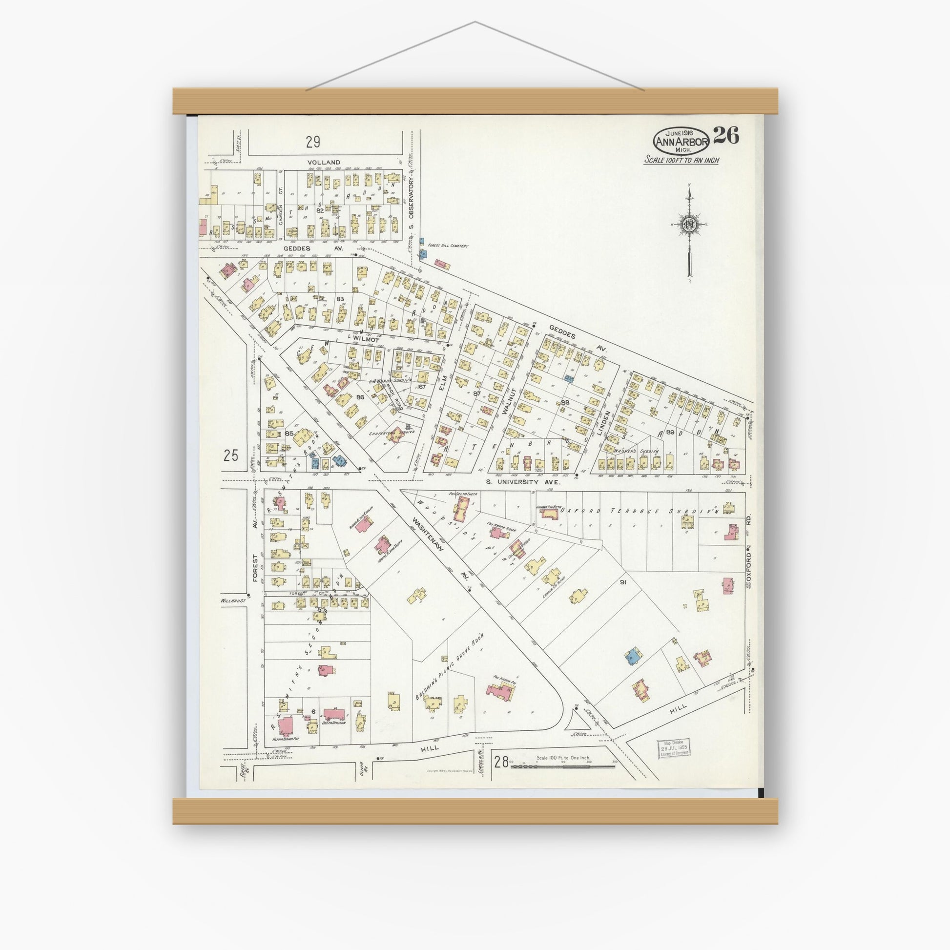Old map wall art mockup — magnetic wood frame on white wall — Sanborn Fire Insurance Map from Ann Arbor, Washtenaw County, Michigan (1916), Sheet #0026