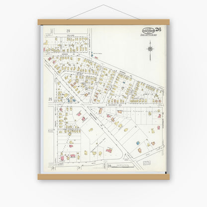 Old map wall art mockup — magnetic wood frame on white wall — Sanborn Fire Insurance Map from Ann Arbor, Washtenaw County, Michigan (1916), Sheet #0026