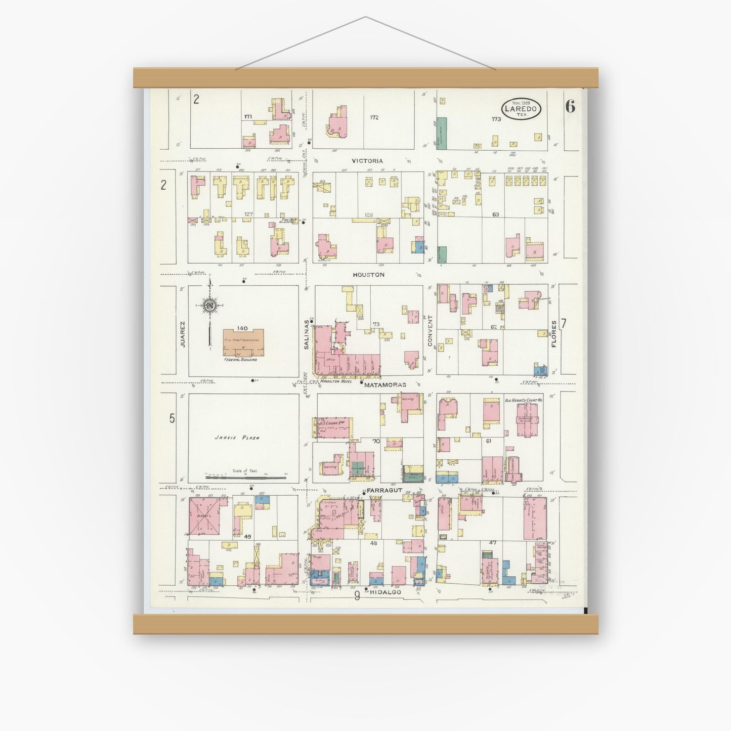 Old map wall art mockup — magnetic wood frame on white wall — Sanborn Fire Insurance Map from Laredo, Webb County, Texas (1909), Sheet #0006