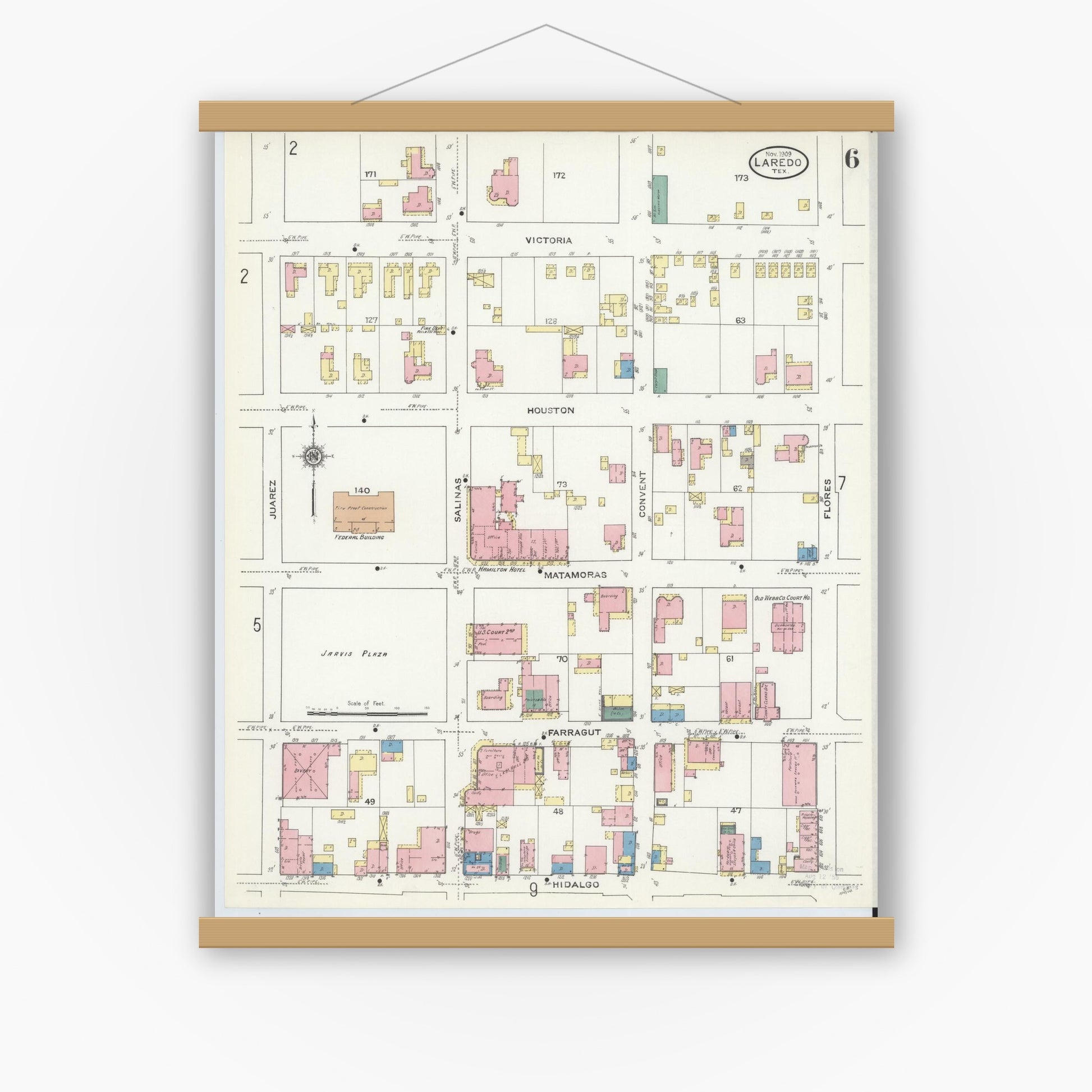 Old map wall art mockup — magnetic wood frame on white wall — Sanborn Fire Insurance Map from Laredo, Webb County, Texas (1909), Sheet #0006