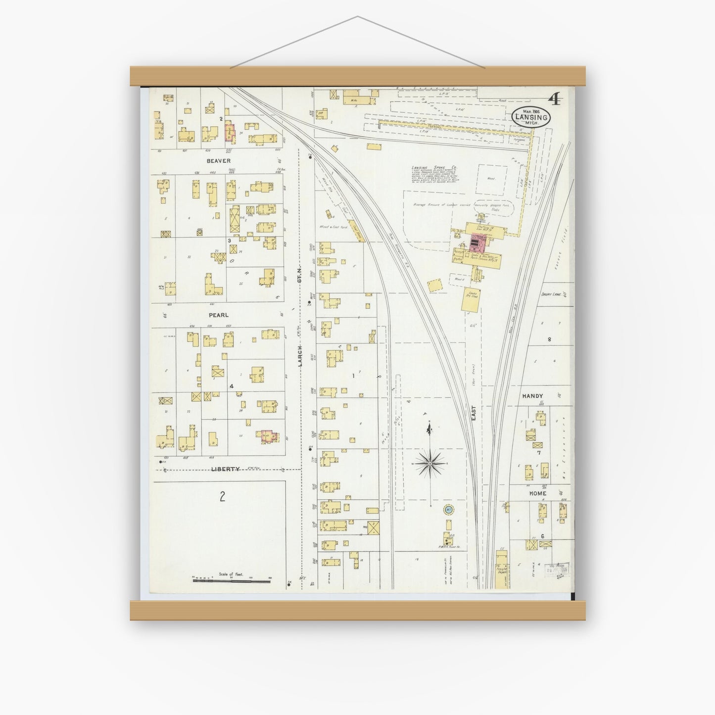 Old map wall art mockup — magnetic wood frame on white wall — Sanborn Fire Insurance Map from Lansing, Ingham County, Michigan (1906), Sheet #0004