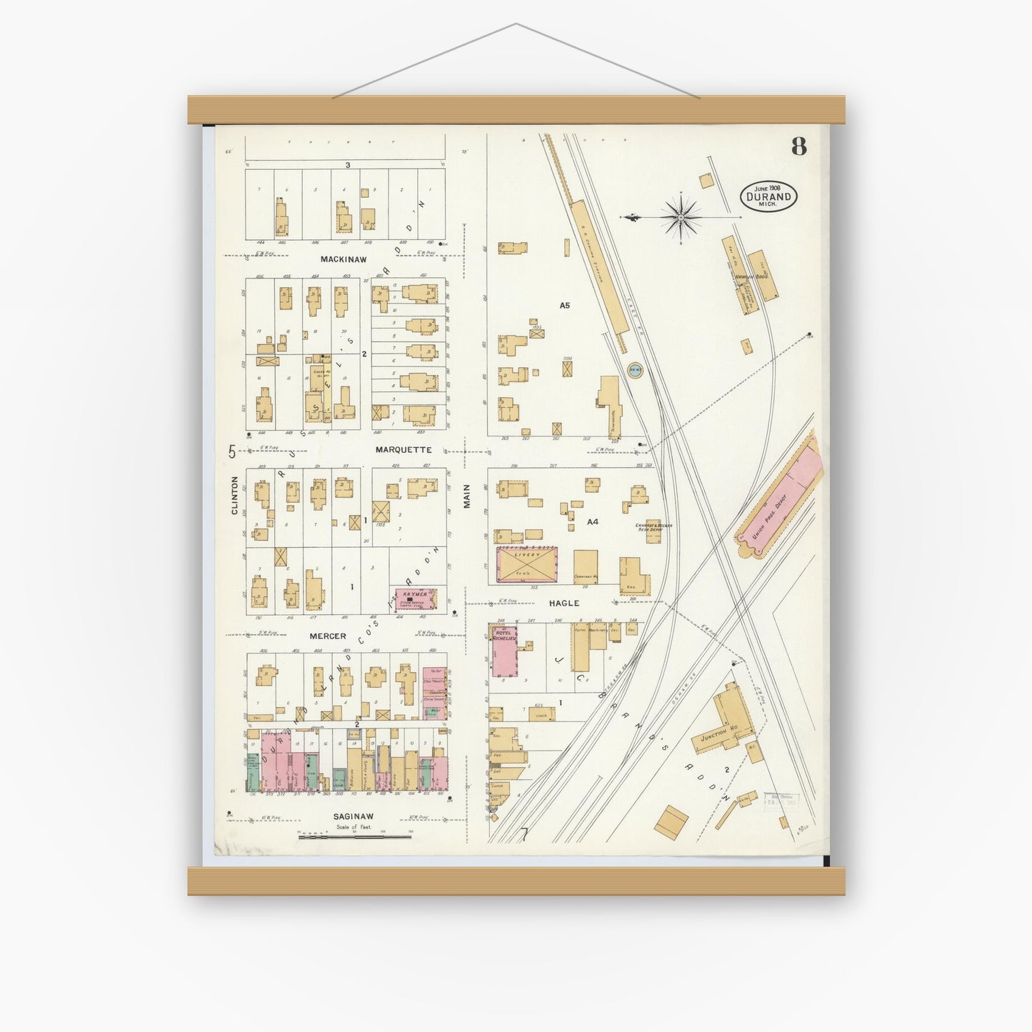 Old map wall art mockup — magnetic wood frame on white wall — Sanborn Fire Insurance Map from Durand, Shiawassee County, Michigan (1908), Sheet #0008