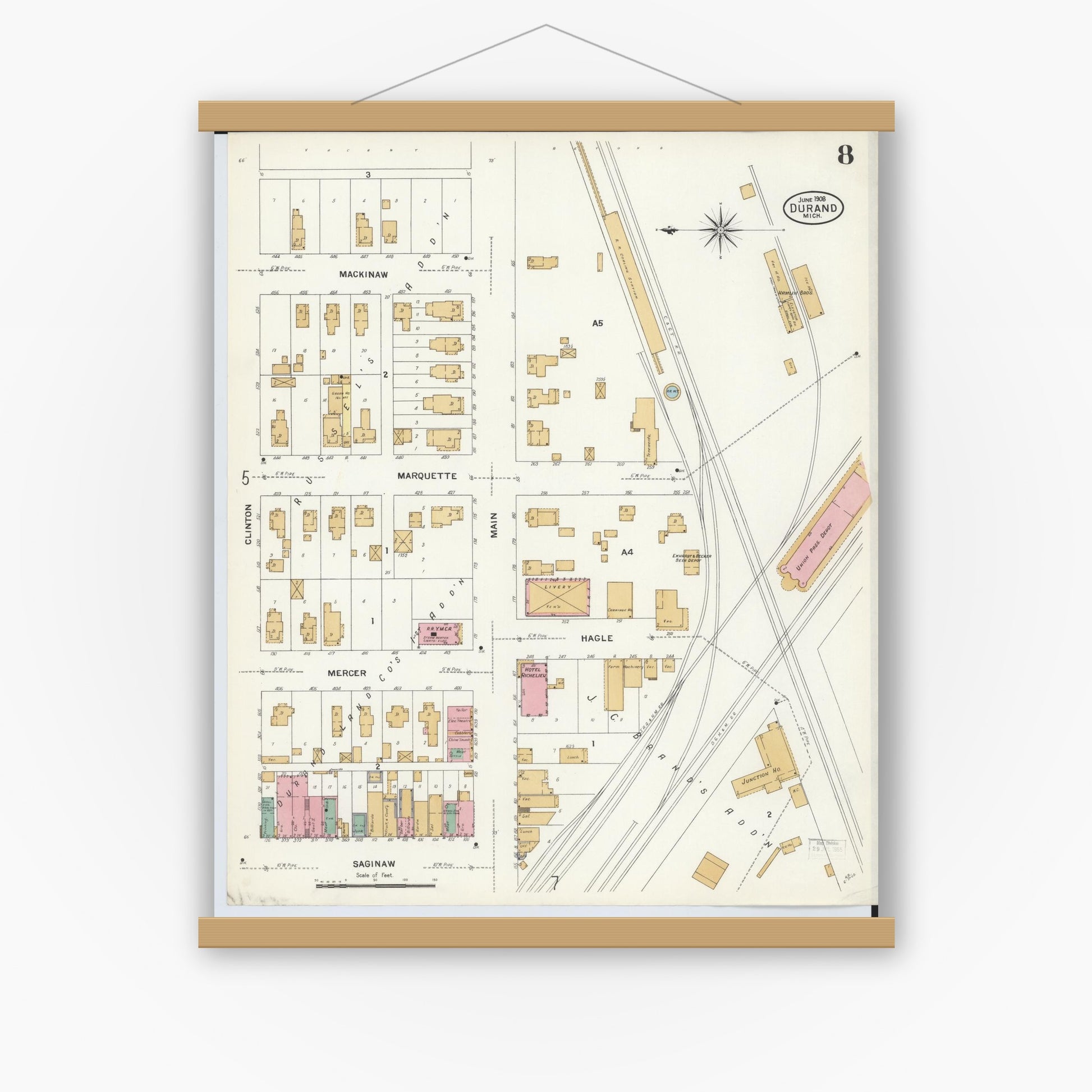 Old map wall art mockup — magnetic wood frame on white wall — Sanborn Fire Insurance Map from Durand, Shiawassee County, Michigan (1908), Sheet #0008