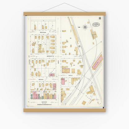 Old map wall art mockup — magnetic wood frame on white wall — Sanborn Fire Insurance Map from Durand, Shiawassee County, Michigan (1908), Sheet #0008
